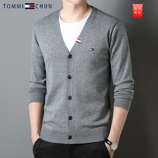 TOME BORNEKTomm汤米纯羊绒开衫男士休闲免烫V领针织羊毛衫毛衣外套男潮 灰色 165