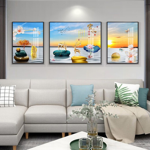 Tongdi Moderne einfache Wohnzimmer Dekoration Malerei Sofa Hintergrund Wandmalerei Gemälde Neue chinesische Stil Glattes Hängsmalhalle Wandmalmalerei 9 Zuhause und Reichtum 15686 Porzellan Diamant Inlay in der Mitte 140*90 Seite 70*90 Gold Rahmen
