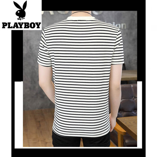Playboy (PLAYBOY) short-sleeved T-shirt for men's cotton shirt for teenagers striped sweatshirt trendy men's half-sleeved round neck shirt 9898 White M [Suggested 90-105Jin [Jin equals 0.5 kg]]