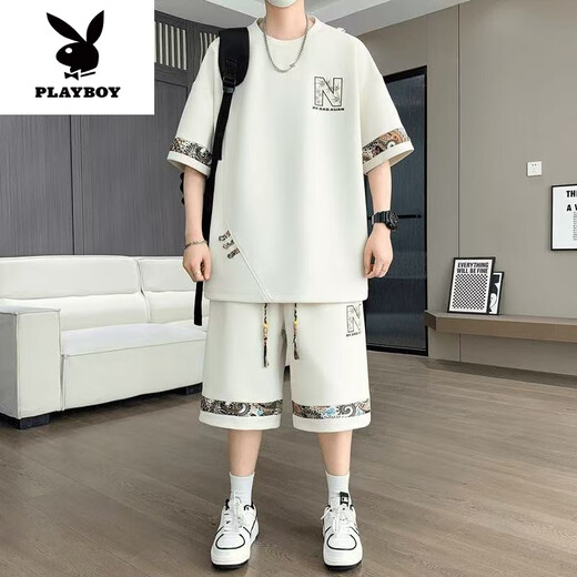 花花公子（PLAYBOY）2025夏季新款短袖青年潮流大码休闲运动套装男士时尚百搭两件套潮 【夏季套装】6195白色 M 90-110斤
