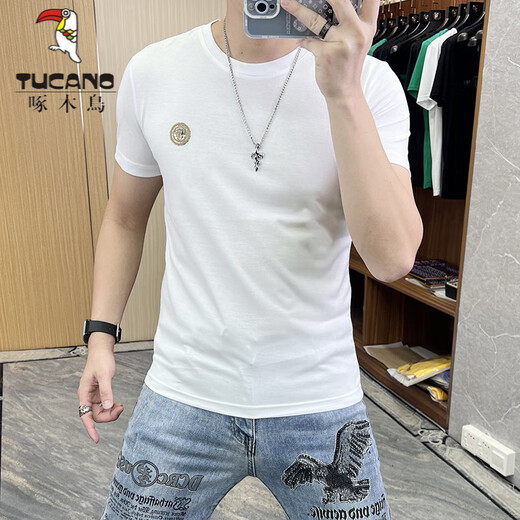 啄木鸟（TUCANO）t恤男士2025夏季新款短袖T恤男修身个性刺绣烫钻欧货丝光棉体恤男 724闪电R蓝绿色 3XL