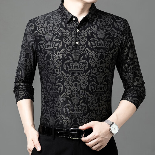 HUALIN FASHION长袖印花衫男士春秋薄款潮流休闲爸爸装恤 T9889长袖 黑色 M 165/95-115斤