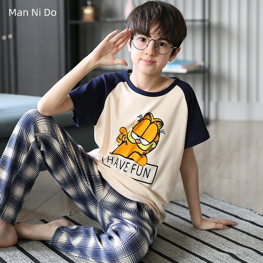 曼妮朵2025新款春秋季男孩儿童睡衣短袖长裤男宝套装夏季休闲男童家居服 N9926【短长】 130 14码建议125-135cm