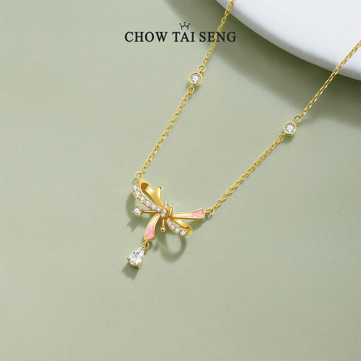 Chow Dasheng Bow Necklace s925 sterling silver women's clavicle chain light luxury niche high-end gift for girls birthday gift streamer bow
