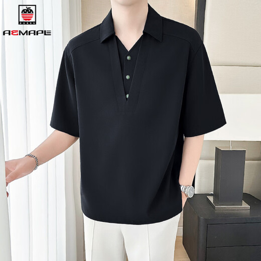 AEMAPE fake two-piece ice silk five-point sleeve shirt for men summer 2025 new fashion casual trend emerald button top Q1047 white thin M [Suggested 110-120Jin [Jin equals 0.5 kg]]