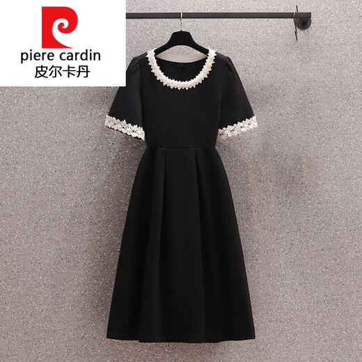 皮尔卡丹（pierre cardin）针织法式赫本风短袖连衣裙夏大I码肥mm收腰显瘦遮肚感小黑裙子684 黑色短款 S 100斤以下