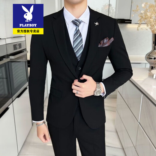 
Playboy suit suit men's three-piece Korean style slim business formal suit casual little suit groom best man wedding dress 719/black [two-piece suit + pants] 2XL Recommended 135-145Jin [Jin equals 0.5 kg]