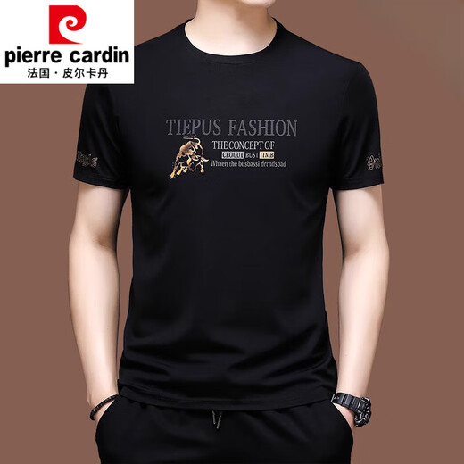 皮尔卡丹（pierre cardin）新款短袖t恤男士冰丝半袖夏装卫衣丝光棉刺绣宽松中年上衣服潮 X733黑色 M 165M建议100-120斤
