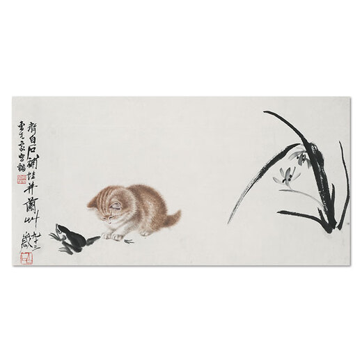 Yilanoqi White Stone Cat Fun Picture Famous Painting Poster Living Room Restaurant Dormitory Flower and Bird Picture Decorative Sticker Hanging Painting Landscape Chinese Painting Ink Adhesive Backing (Adhesive on the back, tear it off and stick it on) 60 30 cm Cat Fun Picture 2001