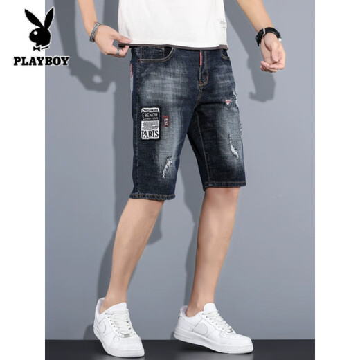 Playboy (PLAYBOY) Ripped Denim Shorts Men's Five-point Breeches Trendy Brand Ins Seven-point Mid-Pocket Trendy Half-point 5-point Pants Summer Thin K#869 Blue and Black [Five-point Micro-Boom] XL 32