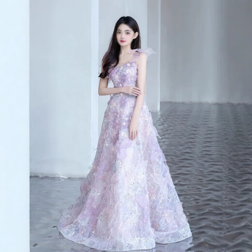 Pink and purple princess dress with straps and evening gown for students coming of age, fairy art test, vocal piano performance costume, pink and purple M