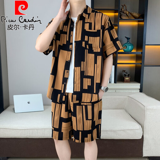 皮尔卡丹（pierre cardin）夏季冰丝短袖衬衫套装男士休闲运动沙滩半袖衬衣搭配短裤一整套潮 679黑色套装 4XL 175-190斤