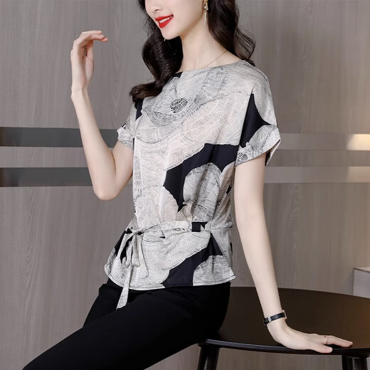 Camiseta de manga corta de seda genuina con contador de alta gama de pájaro carpintero para mujer 2025 verano nuevo estilo camisa de estilo de moda seda de morera de alta gama 9913 Mariposa colorida M