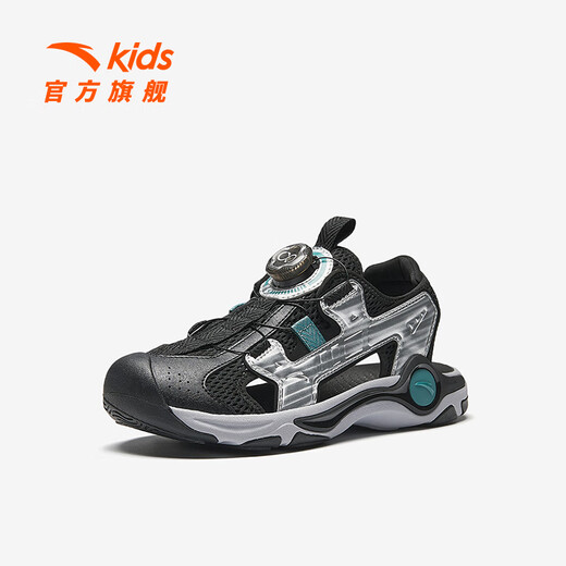 ANTA children's sandals, boys' shoes, 25-year-old summer hard-core toe-toe outdoor knob buckle student beach shoes, black/silver-1 34, inner length 21.5cm