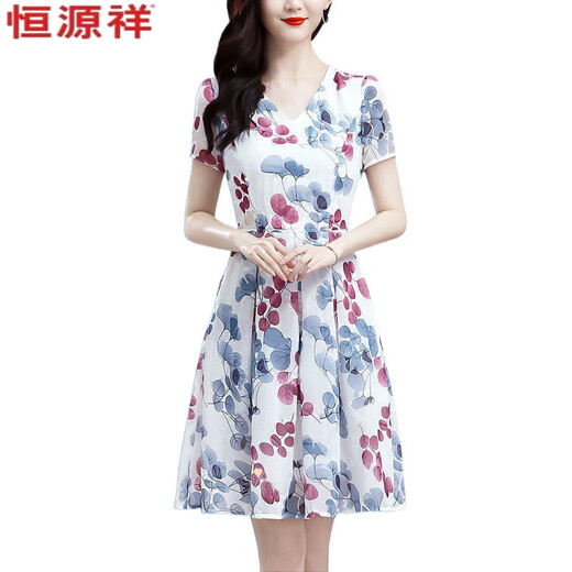 恒源祥冰丝碎花连衣裙中长款2025新款洋气印花中老年妈妈装显瘦裙子 冰丝9902裙 2XL 125-135斤