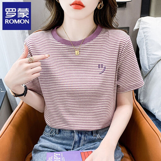 Romon gestreiftes kurzärmeliges T-Shirt für Frauen loser koreanischer Baumwoll-Sommer-Sommer Neues, vielseitiges T-Shirt rund Hals halbärmelig Top Red 9928 L Empfohlen 105-125jin [Jin ist 0,5 kg]