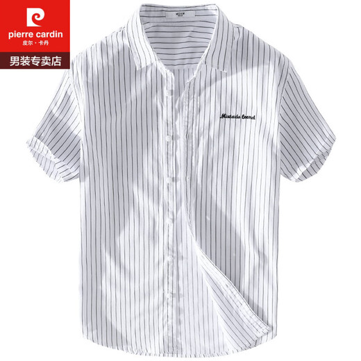 皮尔卡丹（PIERRE CARDIN）男士条纹衬衫短袖宽松夏季薄款日系休闲百搭纯棉衬衣夏装衣服 9740黑色 M 斤左右