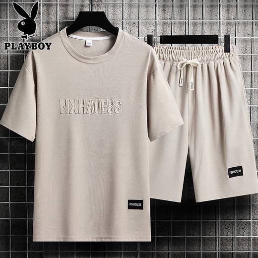 花花公子（PLAYBOY）男士夏季套装青少年短袖t恤薄款冰丝两件套休闲运动服五分短裤子 套装-TZ829军绿【上衣+裤子】 M 建议90-110斤