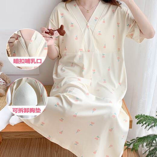 欧鹿汐夏天哺乳睡裙短袖产妇月子服带胸垫大码孕妇睡衣长款待产裙喂奶衣 SSY16803 XL码建议体重120-135斤