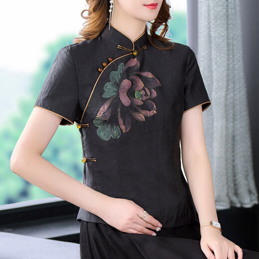 MiSHIDE high-end silk fragrance cloud t-shirt for women Chinese style cracked cheongsam women 2023 new summer mother short 9923 [black top chest beads are black L equal size