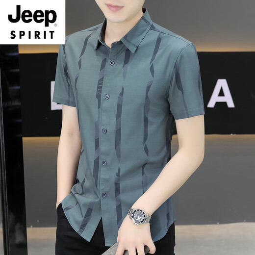 JEEP SPIRIT新款2025夏季男士短袖衬衫潮流痞帅气感冰丝薄款凉爽衬衣 7027黑色 M 90-110斤