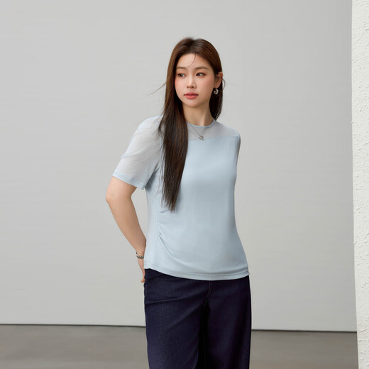 纤莉秀【设计感压褶圆领百搭莱赛尔T恤】大码女装胖mm2025夏新款1396 浅蓝色 6XL