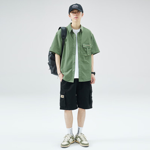 美特斯邦设计感短袖口袋衬衫男夏季日系Cityboy宽松休闲翻领工装衬衣外套 美特斯邦威1105米杏 M 90-104斤