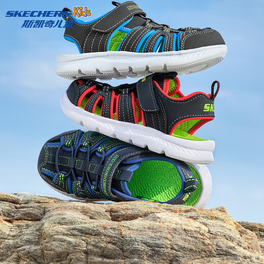 Skechers girls' sandals, toe-cap beach shoes, casual and breathable summer new soft-soled non-slip big children's shoes, black/red/BKRD 33.5