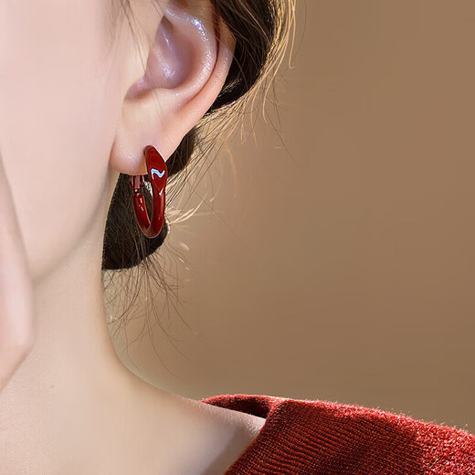 New Year's Eve Ankora Red Drop Glaze Earrings Light Luxury High-end Earrings Niche Temperament Earrings Autumn and Winter Earrings for Women Burgundy Plain Hoop Earrings One Pair