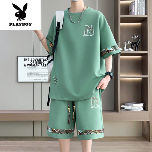 花花公子（PLAYBOY）2025年夏季新款中国风时尚休闲男士套装圆领短袖T恤短裤两件套潮 【短.袖套装】6195 米白色 3XL (建议160-180斤)