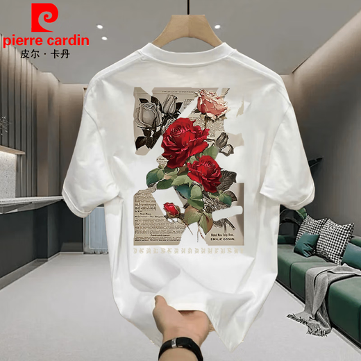 Pierre cardin rose print heavy short-sleeved T-shirt men's summer American retro trendy brand loose large size base shirt half-sleeved top white [front left and back large picture K838 SAYHI hand XL recommended 140-160Jin [Jin equals 0.5 kg]