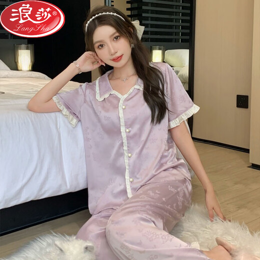 浪莎（LangSha）宫廷风甜美少女蕾丝花边睡衣女春夏季2025冰丝短袖长裤家居服套装 高品质-YFY-9905【短袖长裤】 M 【建议80-100斤】