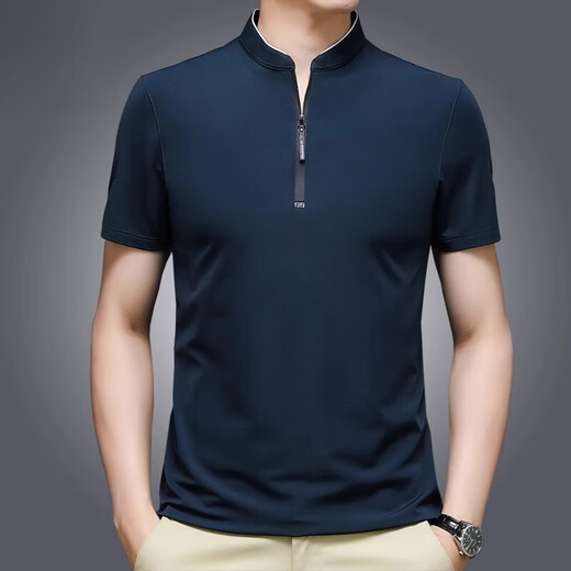 皮尔卡丹（pierre cardin）高端品牌夏季冰丝t恤男立领纯色半拉链韩版中青年休闲上衣polo.衫 P6625哈青色有口袋 M 165 推荐【95-115斤】
