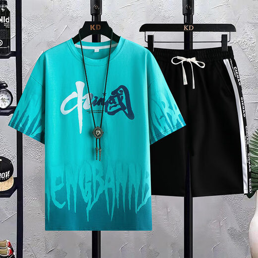 Boledi Boys Fashion Brand Summer Short Sleeve T-shirts 12-15-year-old teenager boys cotton half-sleeve 14 junior high school students top clothes 683 blue (short sleeves + shorts) high quality 170 (XL) Recommended 120-140Jin [Jin equals 0.5 kg]