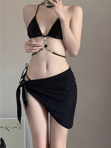 2025 new style split swimsuit for women black gemstone high-end pure lust three-piece strap bikini hot spring swimsuit black M (90-100Jin Jin is equal to 0.5kg)