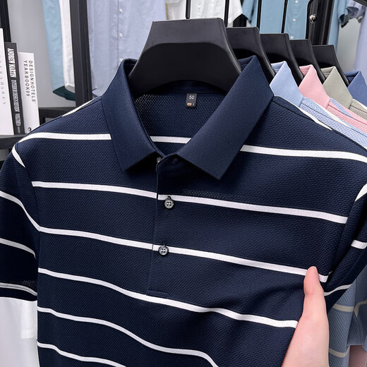 
Kangaroo (DaiShu) short-sleeved T-shirt for men 2025 summer trendy striped lapel half-sleeved business casual loose large-size top middle-aged AN15100 light sky blue 3XL