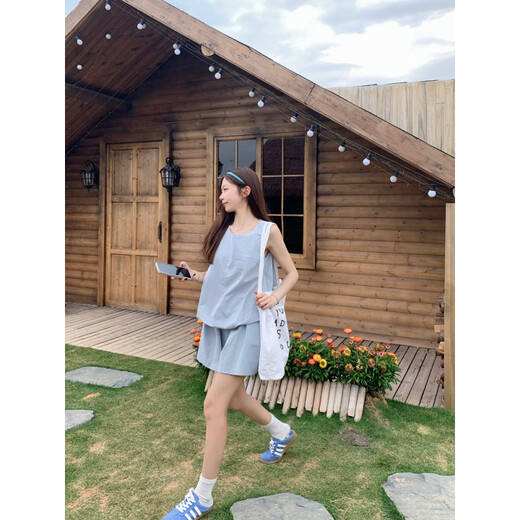 Rongxitu Dopamine Girls zweiteilige ärmellose Weste mit hohen Taillenbreite Bein Shorts Abschleife 9719 Aprikosengrün Top l