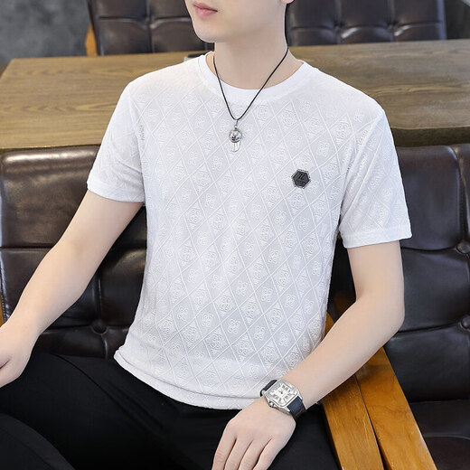 皮尔卡丹高端品牌夏季新款冰丝提花短袖圆领t恤薄款透气潮流百搭半袖上衣 753黑色 【高品质】 L 推荐【100-115斤】