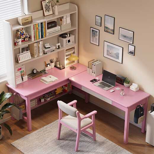 Huixun solid wood corner desk bookshelf bookcase integrated table small apartment home L-shaped computer table double corner study table walnut color #desk 140cm*60cm*75cm auxiliary seat length 120cm