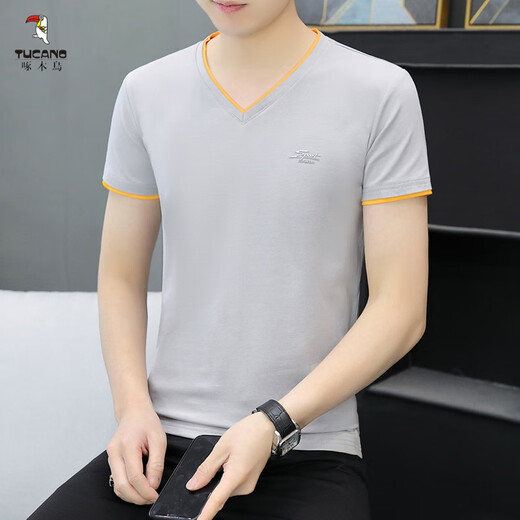 
Woodpecker (TUCANO) T-shirt for men's new short-sleeved V-neck Korean slim-fit men's base shirt half-sleeved casual summer T-shirt top trendy T 693 dark gray XL