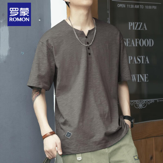 
ROMON American retro bamboo short-sleeved T-shirt men's summer fashion brand Henry shirt Ami Kaji Polo shirt men's spring and summer dark gray XL suitable for 145-160 Jin [Jin equals 0.5 kg]