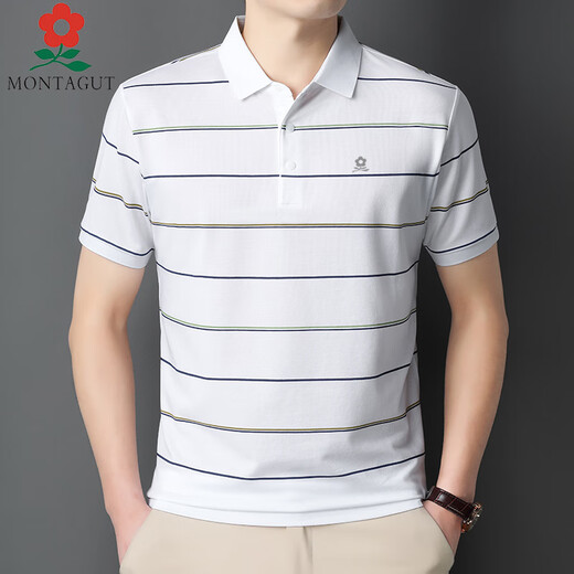 MONTAGUT Summer Mulberry Silk Short-Sleeve T-Shirt Men's Middle-aged Daddy's Striped Lapel Half-Sleeve Polo Shirt 723 Royal Blue M 165 [Suggested 100-115 Jin [Jin equals 0.5 kg]]