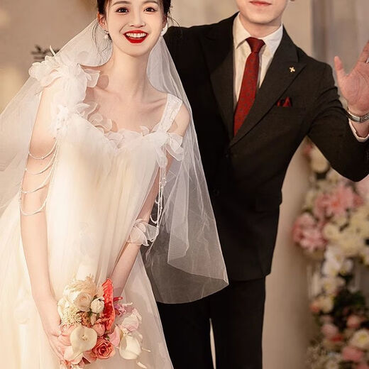 斯睿霖森系轻婚纱小众韩式超仙白色吊带晨袍新娘订婚结婚迎宾晚礼服 白色 S