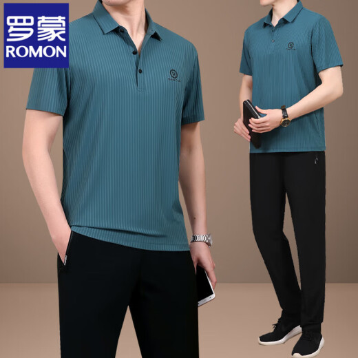 罗蒙（ROMON）爸爸夏装套装父亲夏季冰丝短袖t恤中老年休闲运动服套装男士速干 756海蓝【短袖+长裤】 2XL