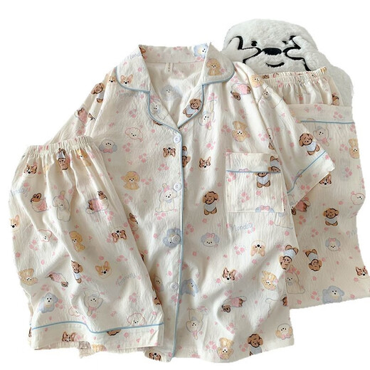 荣西图（RONGXITU）云朵棉睡衣女夏款可爱小狗卡通短袖三件套家居服可外穿 9901#粉边米可 170 M