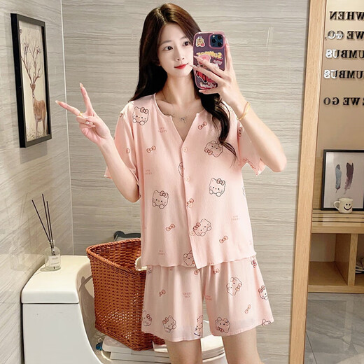 Pyjamas für Frauen im Sommer 2025 neuer Stil mit Brustpolstern kurzärmelige lange Hosen süße Strickjacke High-End Thin Home Clothing Set 983 niedliches Kätzchenpulver [mit einteiliger Brustpolster] L 100-120jin [Jin gleich 0,5 kg]