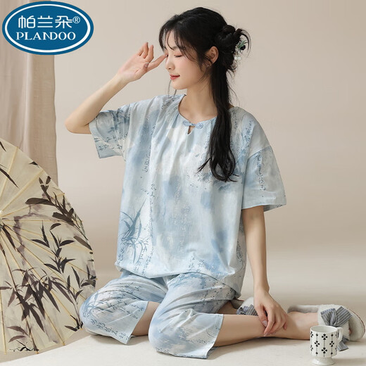 帕兰朵夏季新中式国风短袖睡衣套装女士棉家居服七分裤夏天薄款可外穿 LZY9911 M码(建议75-95斤) 均码