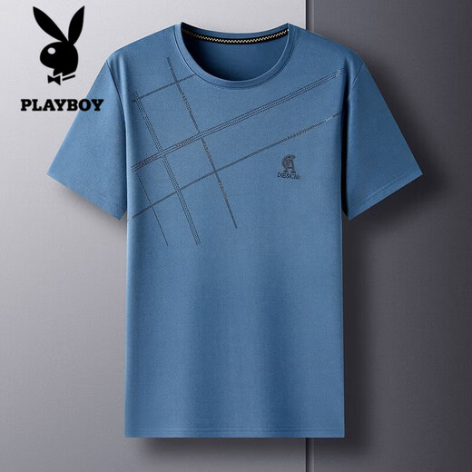 花花公子;PLAYBOY中年男士短袖T恤夏季汗衫宽松休闲圆领口袋上衣中老年爸爸夏装男 TC-短袖-693藏青 2XL 180/2XL/155-175斤