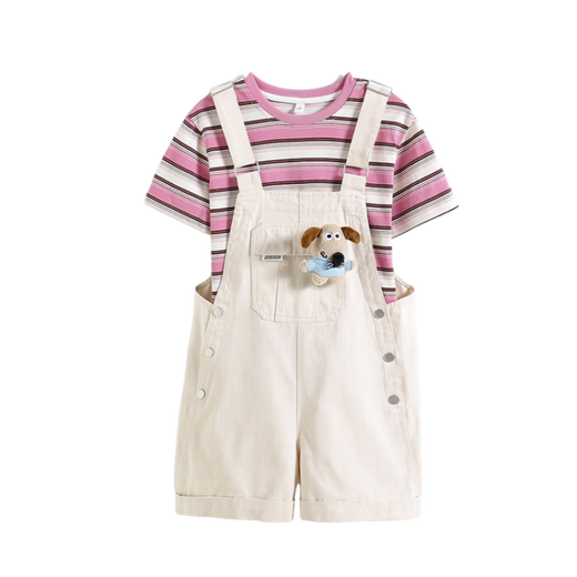 Disney Girls Summer Set 2025 Neue modische Kinder gestreiftes Kurzarm T-Shirt Girls Sommer Overalls Zweiteiler hellblauer Set 120 cm