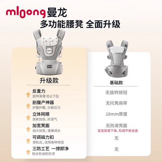 曼龙轻行腰凳婴儿背带二合一宝宝四季多功能两用外出透气抱娃神器 【升级款腰凳】米色+赠2条口水巾